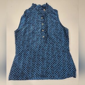 Tory Burch 100% Silk Blue Sleeveless Ruffle Top